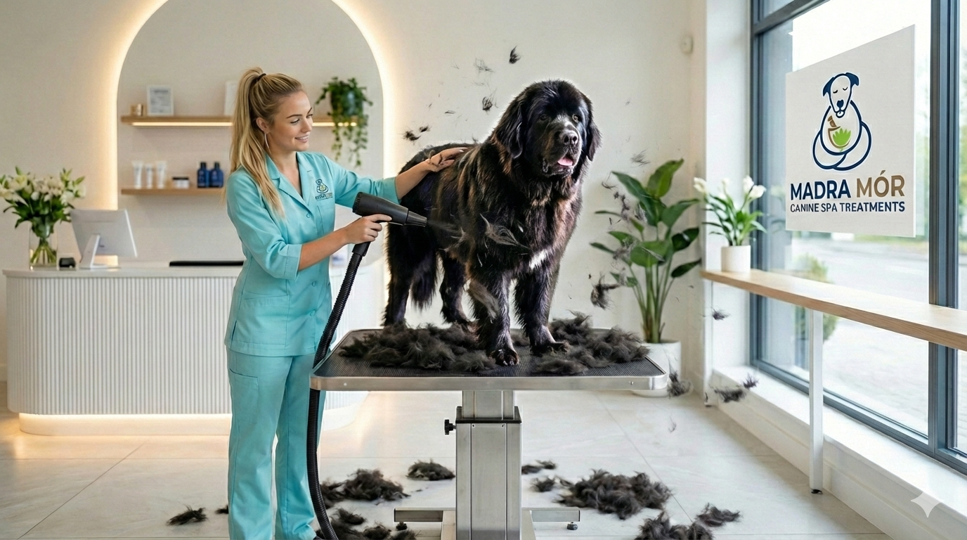 A groomer working Madra Mór mud through a large dog's coat
